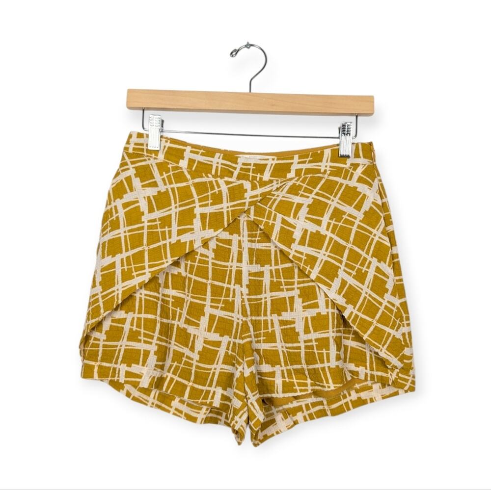 JOA Shorts M Mustard Yellow Crosshatch Print Faux Wrap Mid Rise Casual